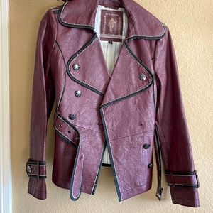 Genuine leather wine color belted jacket Small